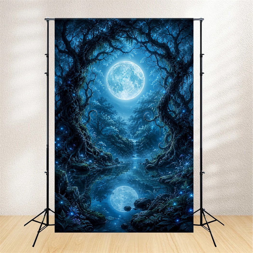 Décor De Lune Pour Halloween Forêt Enchantée Illuminée Au Clair De Lune Lac Toiles De Fond LXX67-65