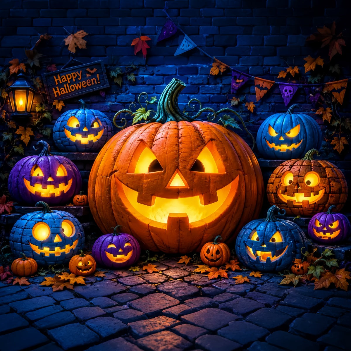 Idées De Décors Photo Pour Halloween Citrouilles Lanternes Colorées Mur De Briques LXX67-69