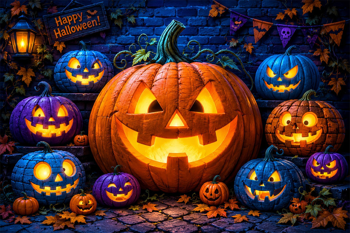 Idées De Décors Photo Pour Halloween Citrouilles Lanternes Colorées Mur De Briques LXX67-69