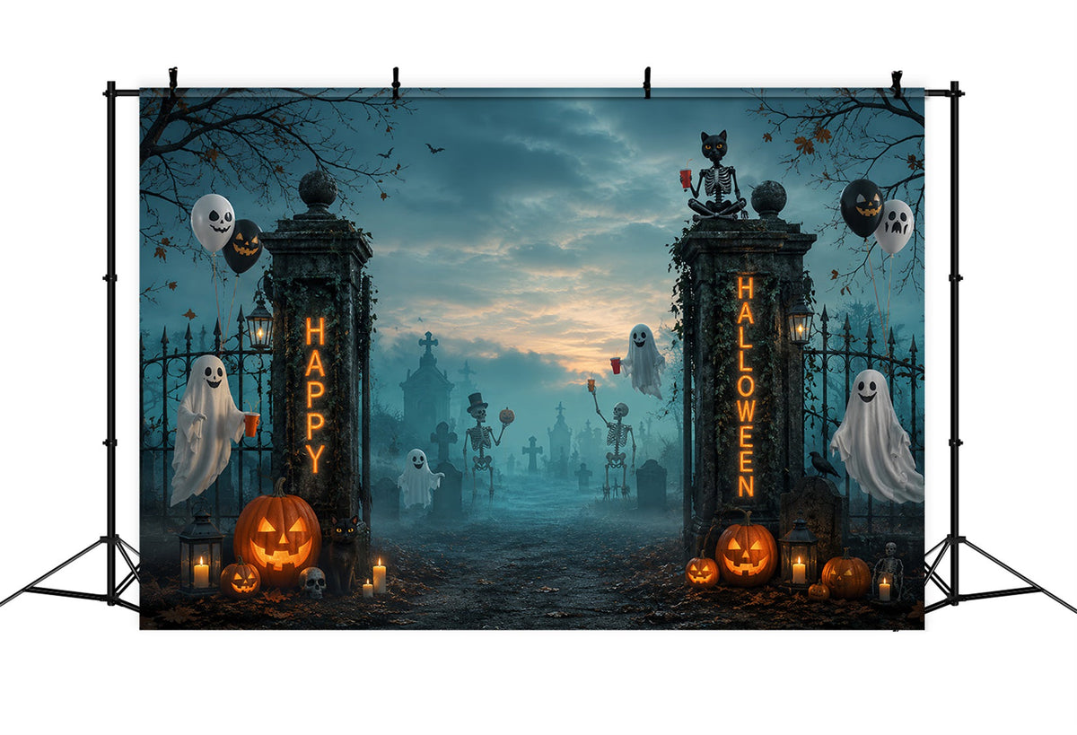 Décor De Cimetière D'Halloween Avec Fantôme Squelette Et Porte De Cimetière Pour Photomaton LXX67-79