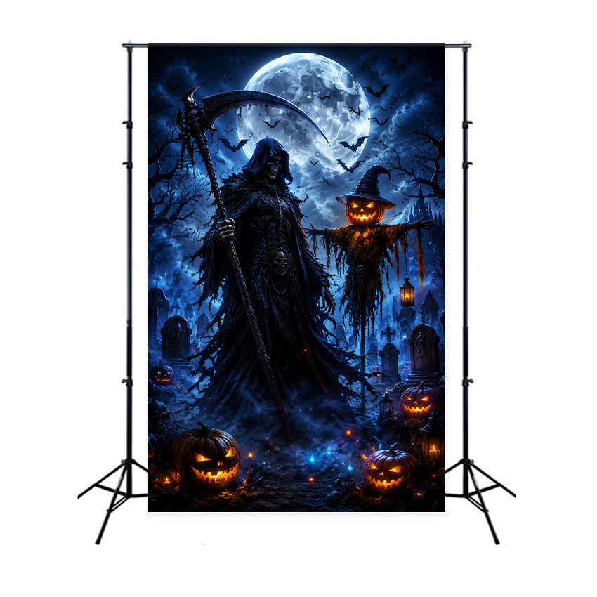 Décor De Cimetière Avec Lune D'HalloweenFaucheuse Et Épouvantail LXX67-8