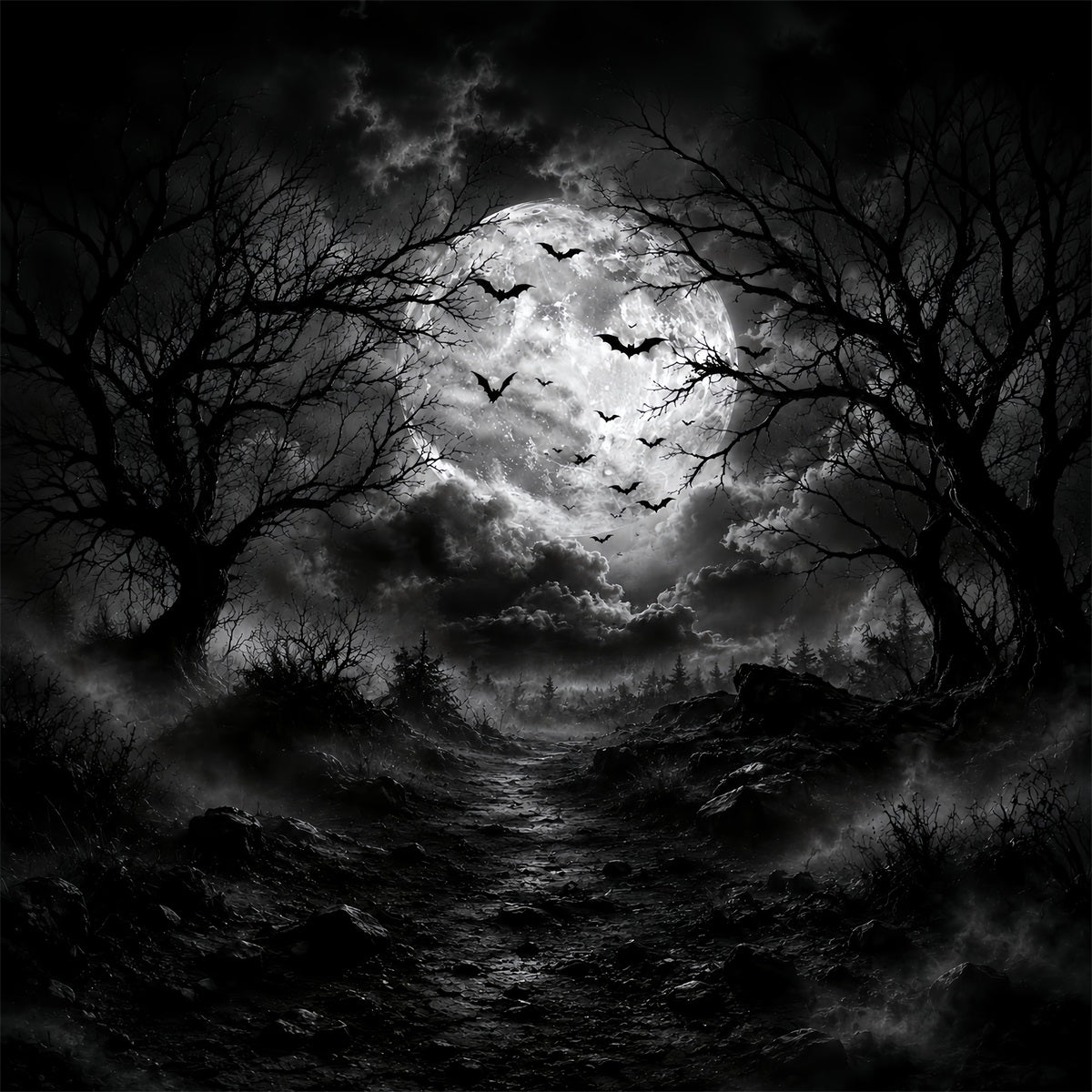 Décor De Forêt D'Halloween Monochrome Lune Chauve-Souris Nuages Décor Vintage D'Halloween LXX67-88