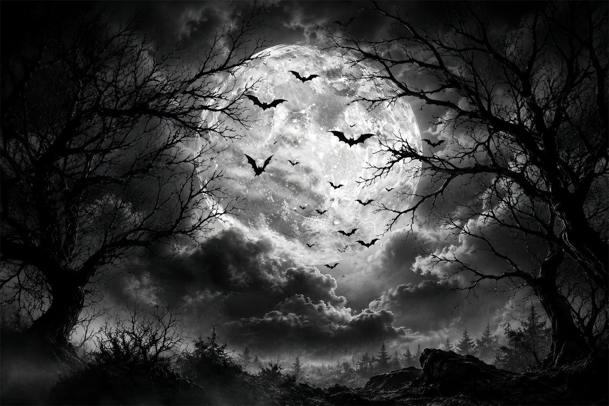 Décor De Forêt D'Halloween Monochrome Lune Chauve-Souris Nuages Décor Vintage D'Halloween LXX67-88