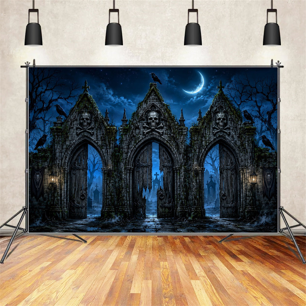 Décor Photographique D'Halloween Crâne Cimetière Porte De La LuneDécor Effrayant D'Halloween LXX67-98