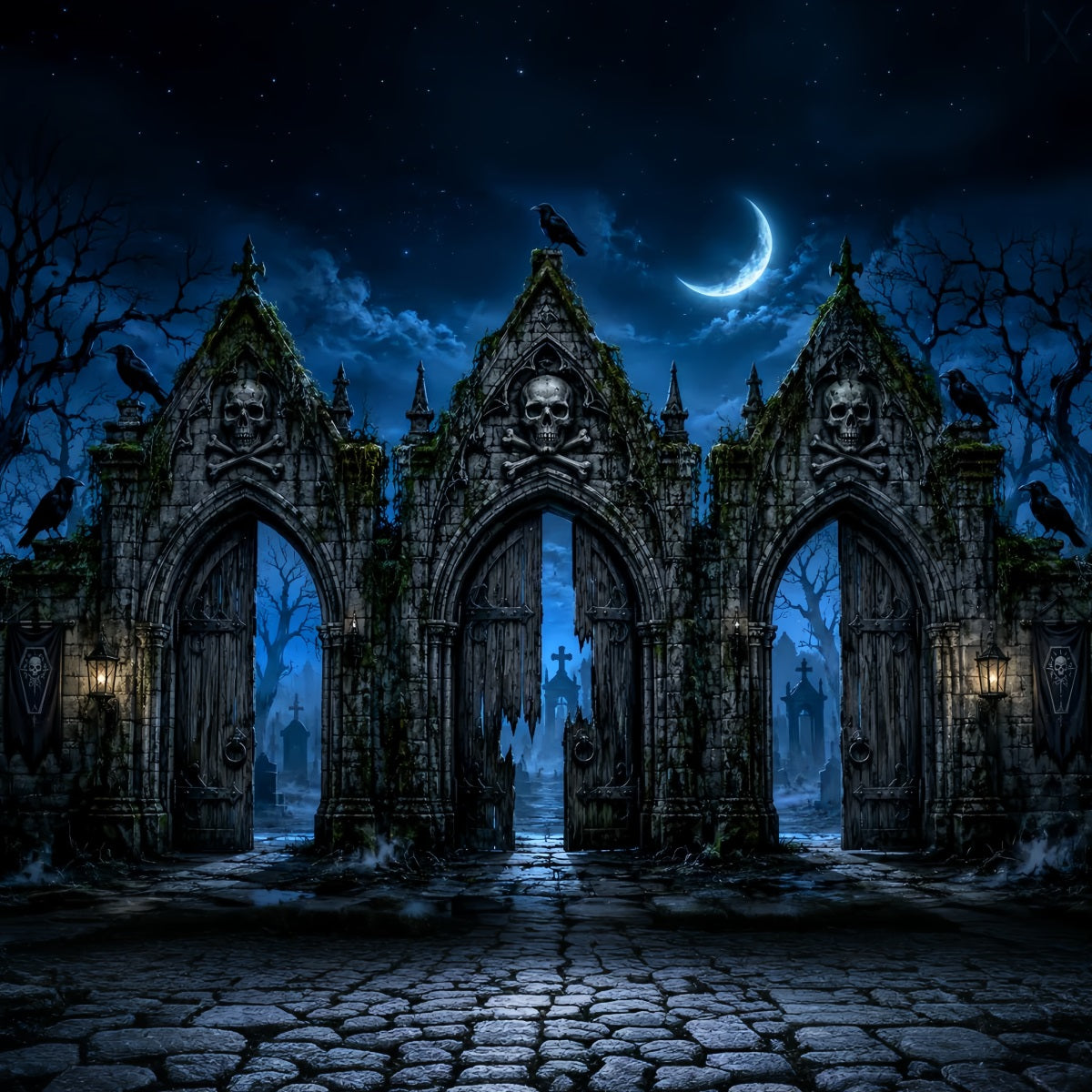 Décor Photographique D'Halloween Crâne Cimetière Porte De La LuneDécor Effrayant D'Halloween LXX67-98