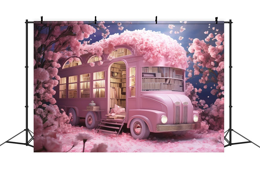 Fleurs entourant un bus scolaire rose rempli de livres Toile de fond M1-07