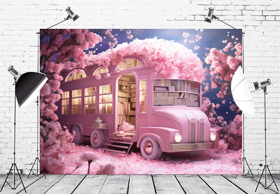 Fleurs entourant un bus scolaire rose rempli de livres Toile de fond M1-07