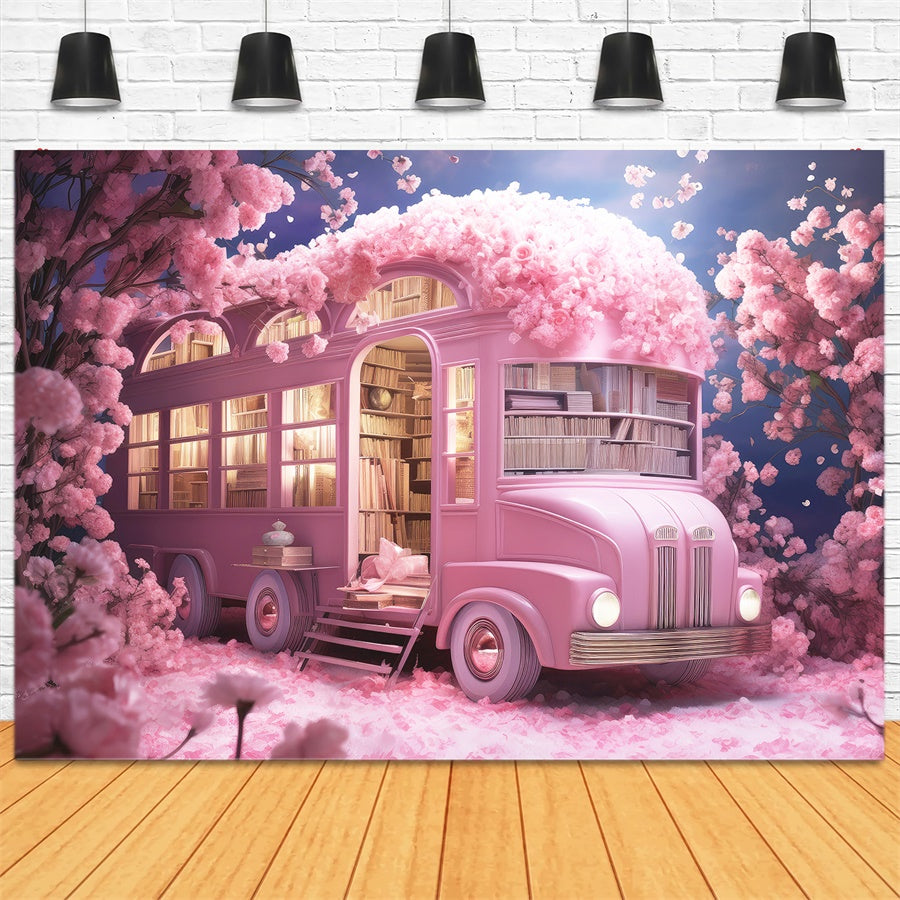 Fleurs entourant un bus scolaire rose rempli de livres Toile de fond M1-07