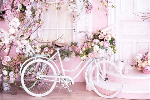 Mur Rose Rempli de Fleurs Bicycle Blanc Toile de fond M1-08