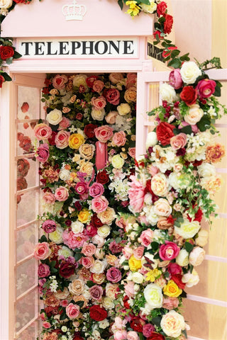 Cabine Téléphonique Romantique Rose Remplie de Fleurs Toile de fond M1-13
