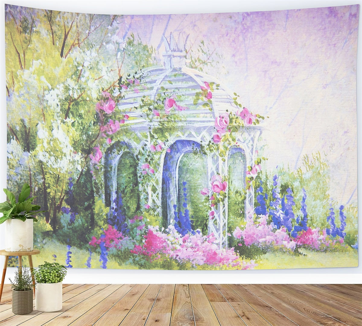 Printemps Peinture Huile Fantaisie Enveloppant Pavillon Fleuri Toile de fond M1-19