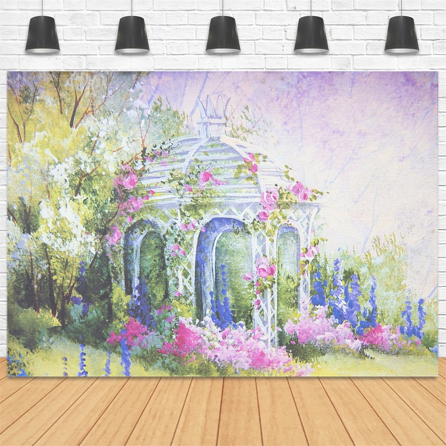 Printemps Peinture Huile Fantaisie Enveloppant Pavillon Fleuri Toile de fond M1-19