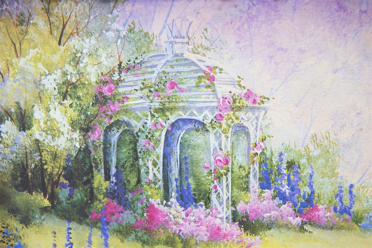 Printemps Peinture Huile Fantaisie Enveloppant Pavillon Fleuri Toile de fond M1-19