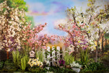 Printemps Arc-en-ciel Couleur Nuage Fleur de Cerisier Clôture Blanche Toile de fond M1-40