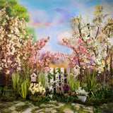 Printemps Arc-en-ciel Couleur Nuage Fleur de Cerisier Clôture Blanche Toile de fond M1-40