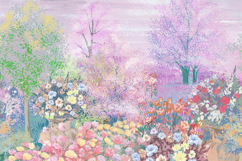 Peinture à l'huile Printemps Romantique Sakura Arbre Rose Tulipe Toile de fond M1-72