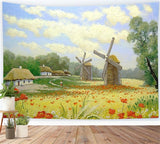 Peinture à l'huile Printemps Champ Fleurs Moulin à vent Village Toile de fond M1-73