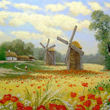 Peinture à l'huile Printemps Champ Fleurs Moulin à vent Village Toile de fond M1-73