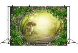 Conte de fées Cartoon Fleur Papillon Entourage Forêt Champignon Maison Toile de fond M1-78
