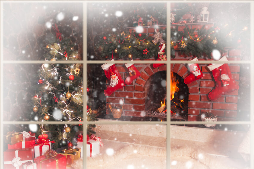 Noël Cheminée Fenêtre Toile de fond Photographie M10-43
