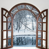Fenêtre Arquée en Bois Forêt d'Hiver Toile de fond M11-24