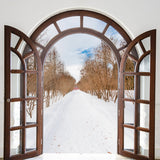 Fenêtre d'hiver ouverte Vue sur la neige Toile de fond M11-25