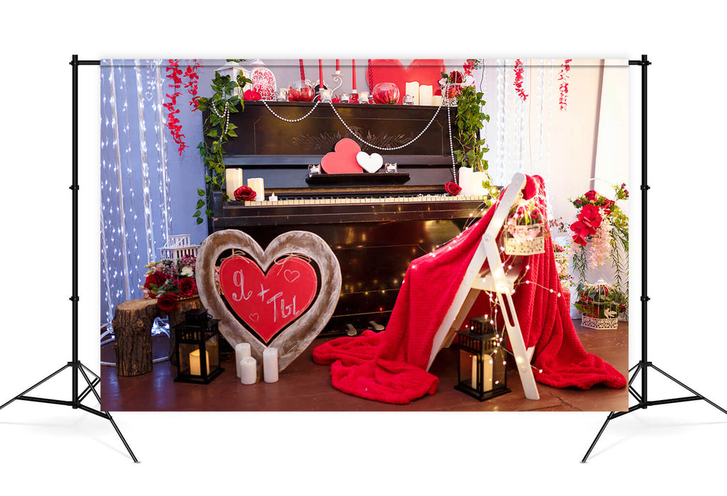St Valentin Coeur Rouge Décorations Romantiques Piano Fleuri Toile de fond M12-18