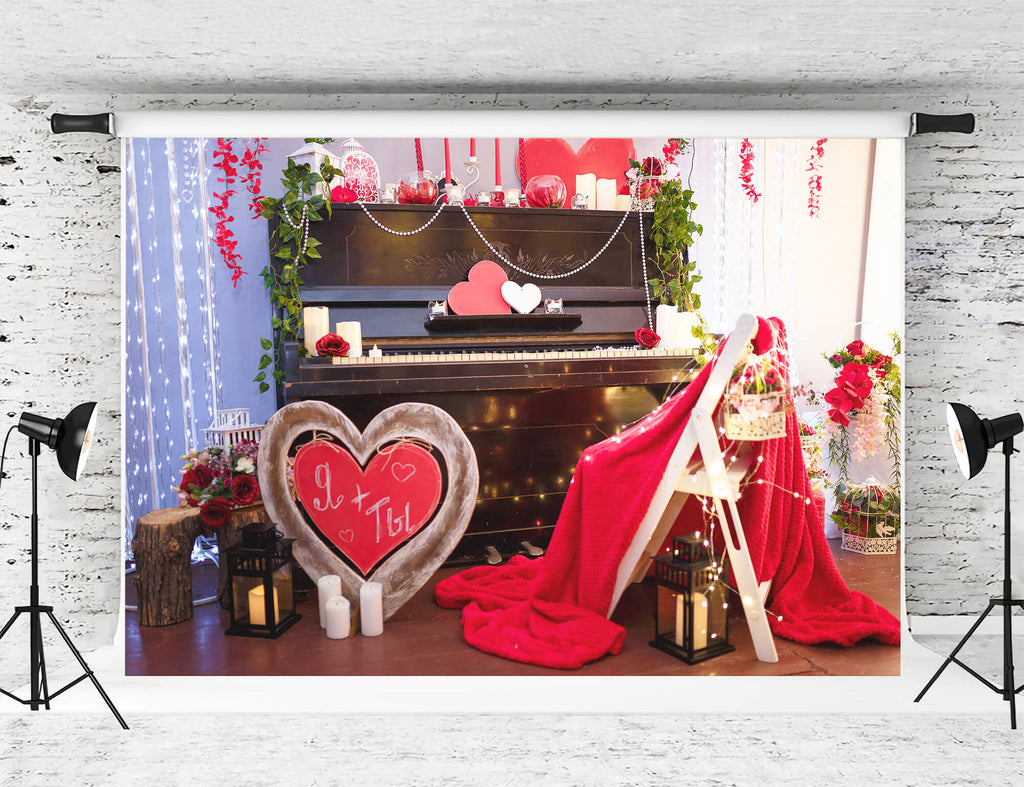 St Valentin Coeur Rouge Décorations Romantiques Piano Fleuri Toile de fond M12-18