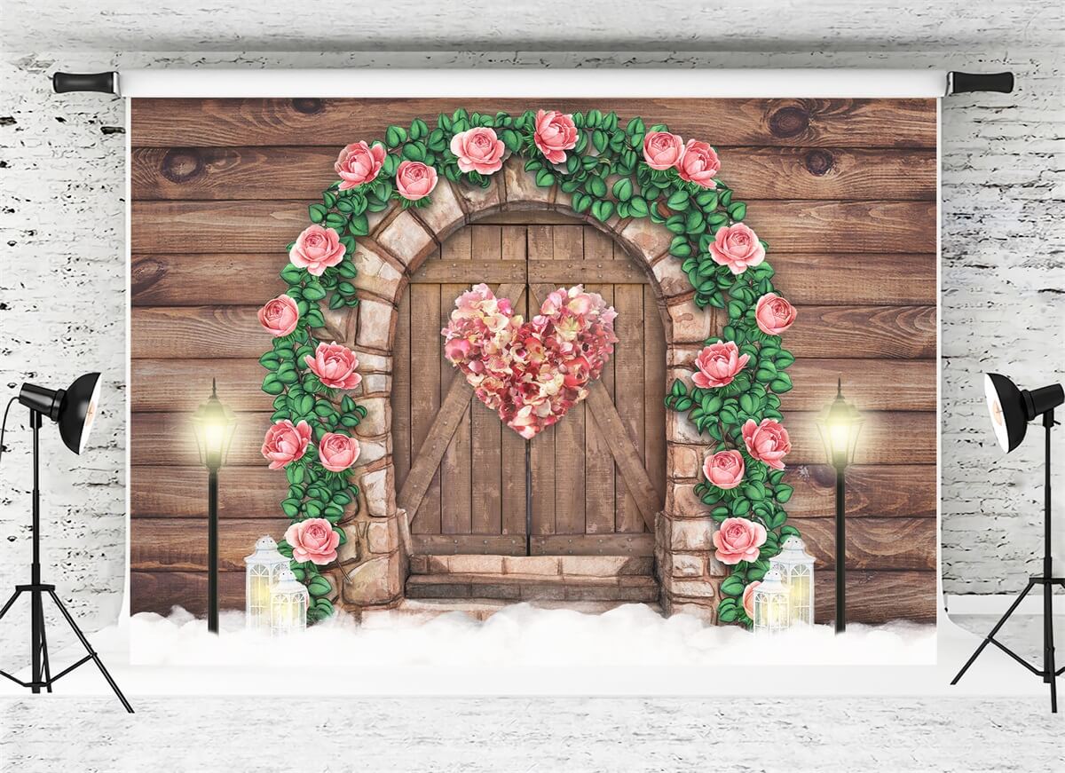 St Valentin Porte de Grange en Bois Foncé Rose Coeur Chaud Lampadaire Toile de fond M12-41