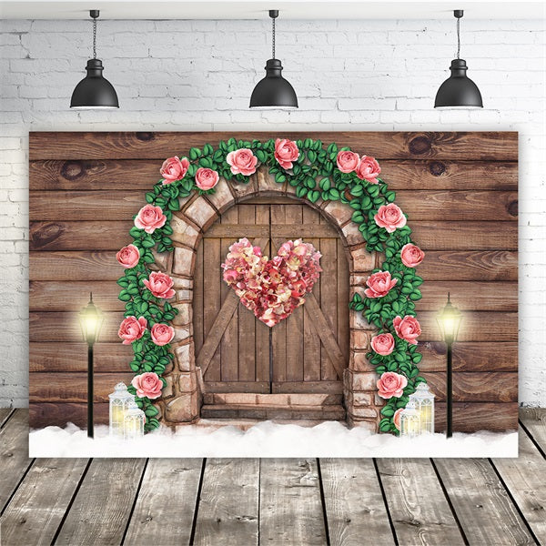 St Valentin Porte de Grange en Bois Foncé Rose Coeur Chaud Lampadaire Toile de fond M12-41