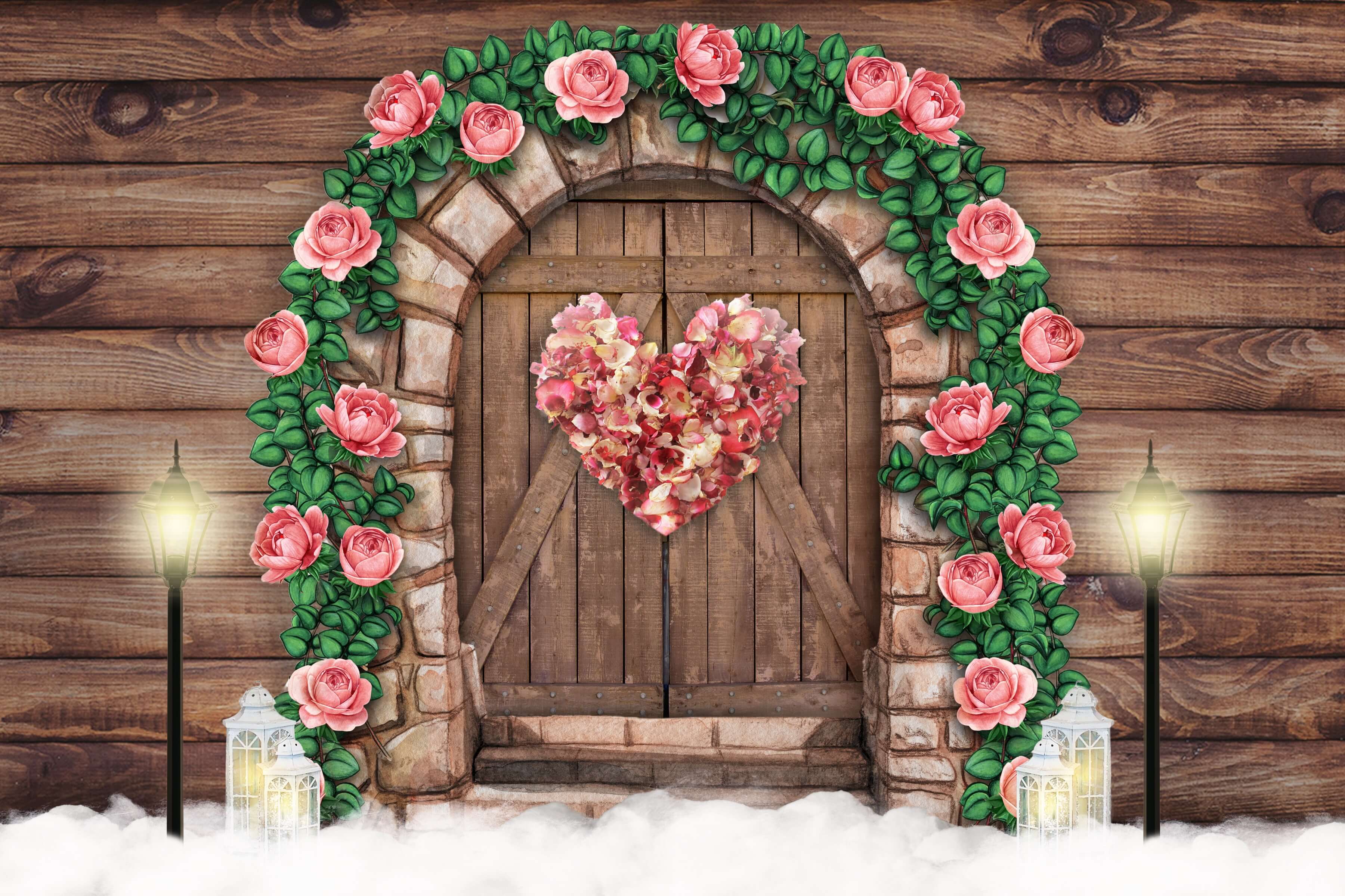 St Valentin Porte de Grange en Bois Foncé Rose Coeur Chaud Lampadaire Toile de fond M12-41