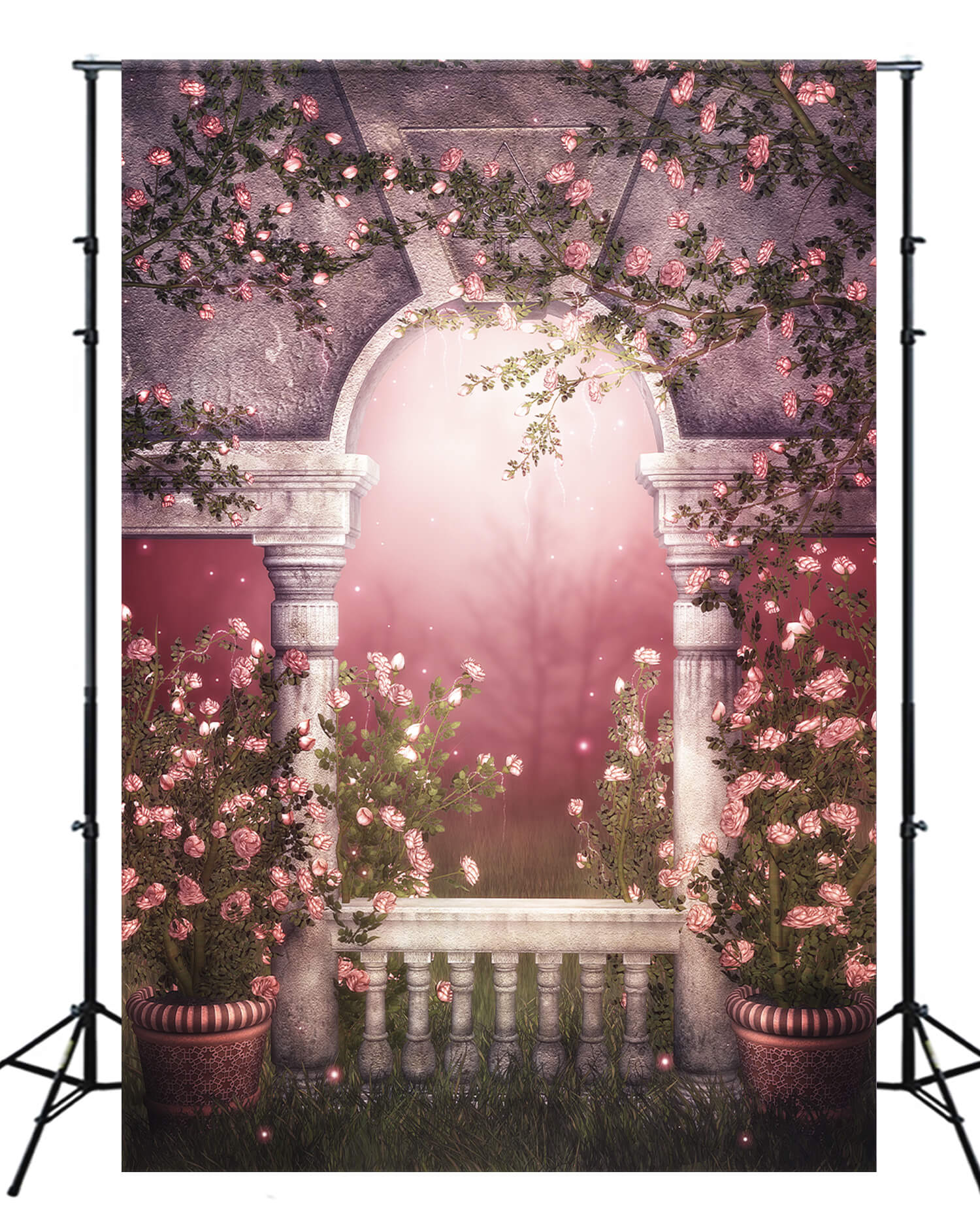 Fantaisie Rose sauvage Vignes entourant le gazebo de marbre Forêt brumeuse Toile de fond M2-17