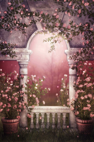 Fantaisie Rose sauvage Vignes entourant le gazebo de marbre Forêt brumeuse Toile de fond M2-17