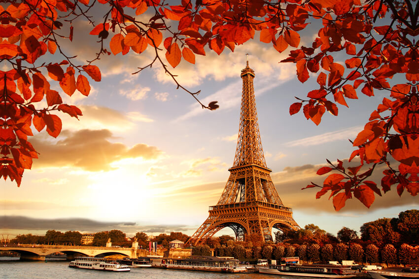 Tour Eiffel feuilles d'érable Coucher de Soleil Décor Toile de Fond M6-43