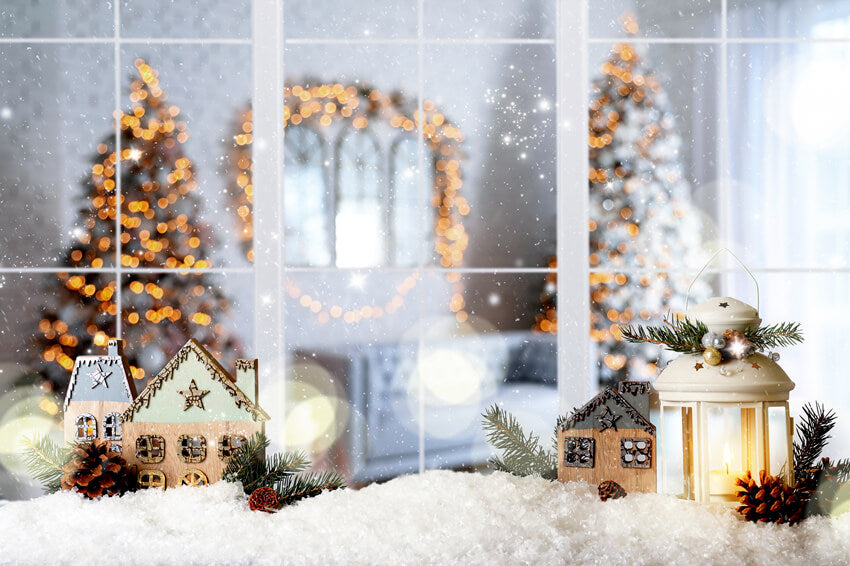 Toile De Fond Noël 2,1x1,5m Fenêtres Enneigées Arbres - Décoration Photo Bannière