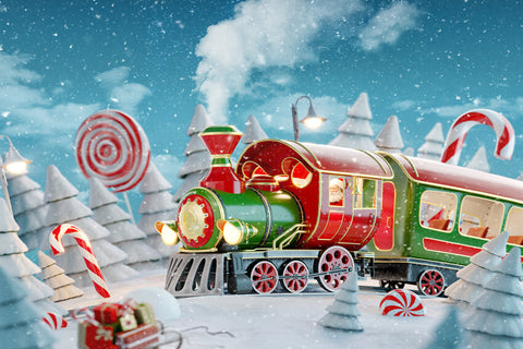 Toile de Fond de Train de Bonbons Rouge de Noël Enneigé D'hiver M7-30