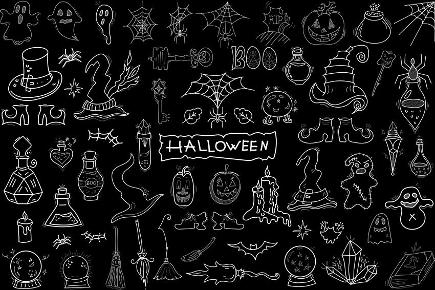 Toile de Fond Halloween Doodle de Tableau Noir Dessinée à la Main M8-16