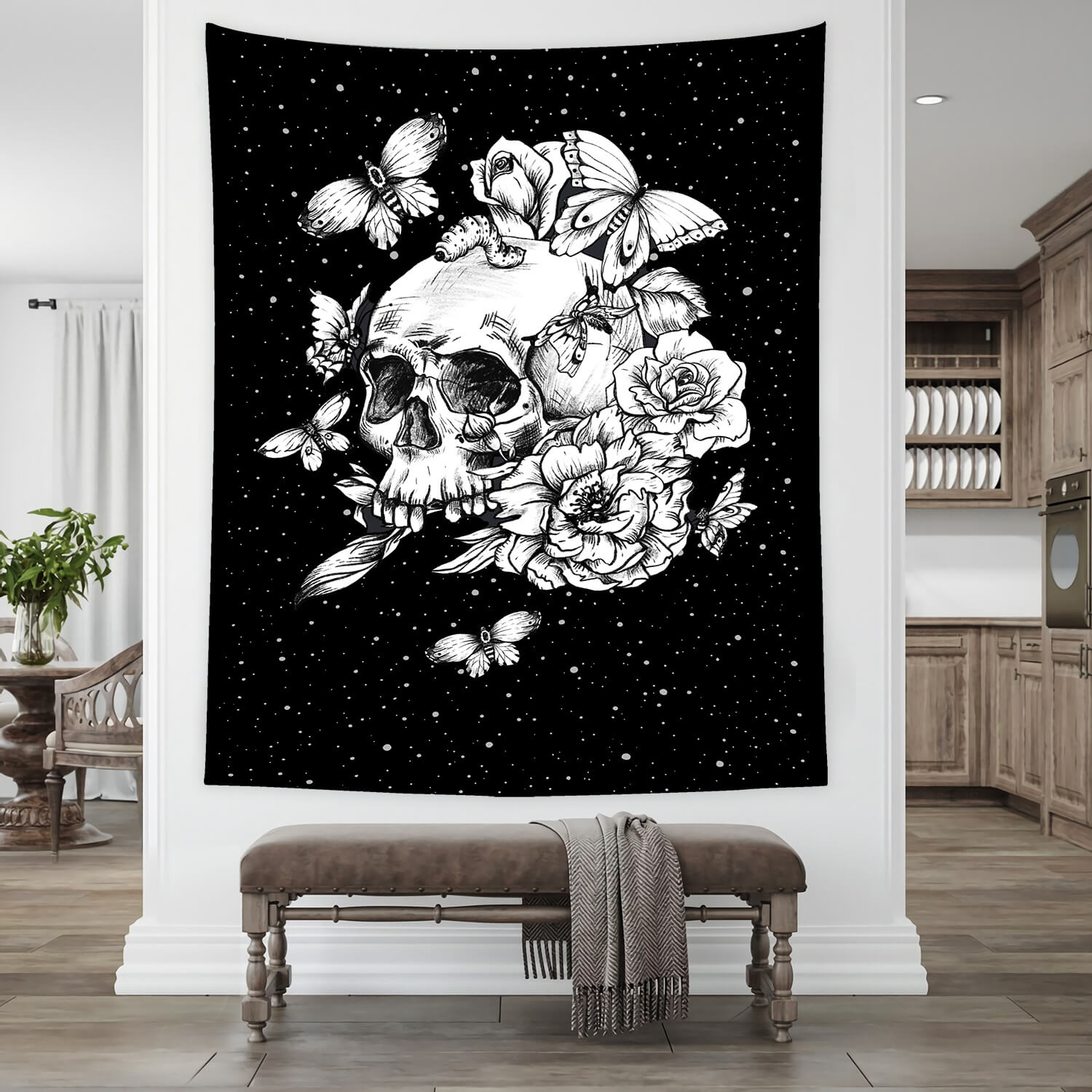 Toile de Fond Gothique Dessinée Crâne Floral Halloween M8-44