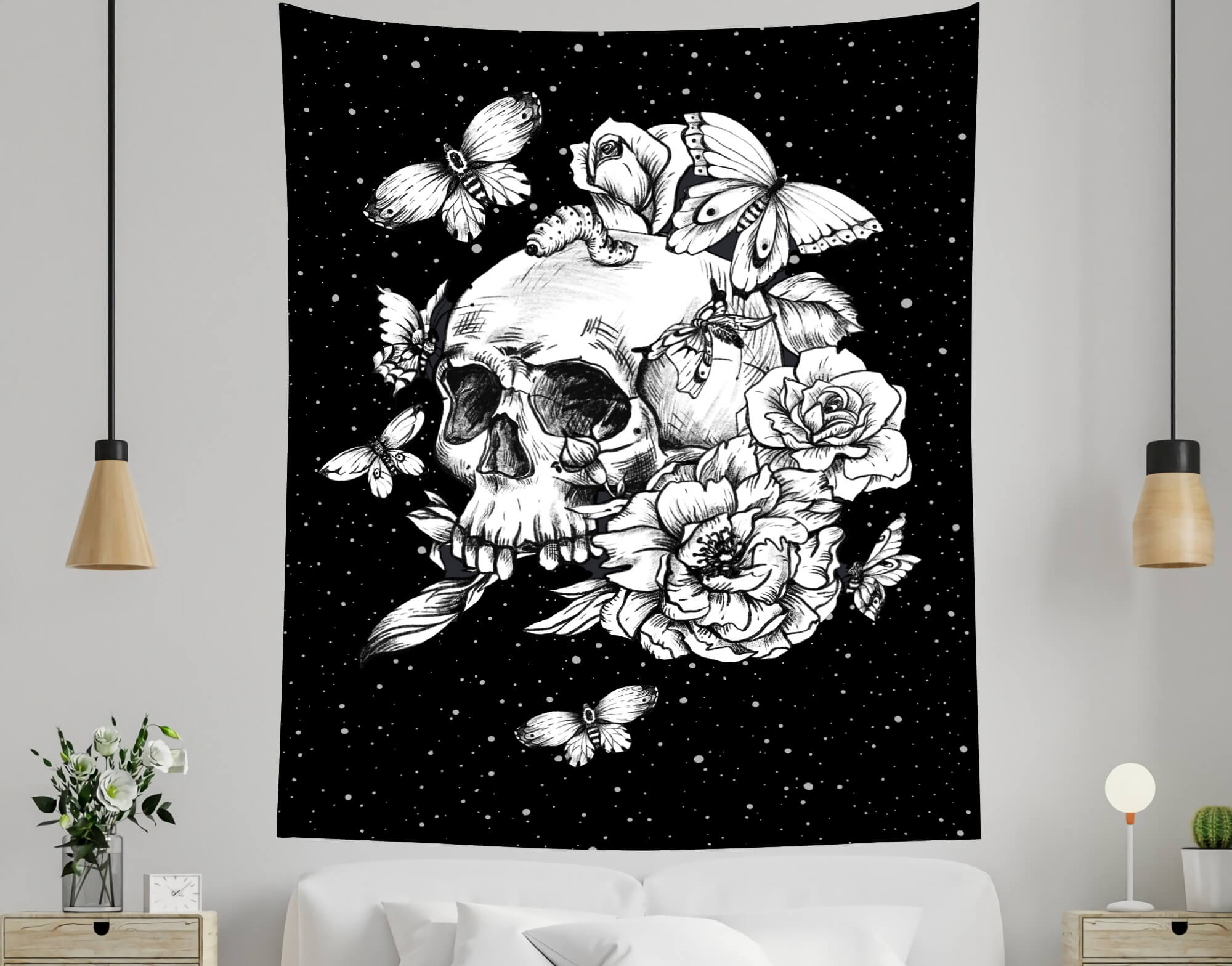 Toile de Fond Gothique Dessinée Crâne Floral Halloween M8-44