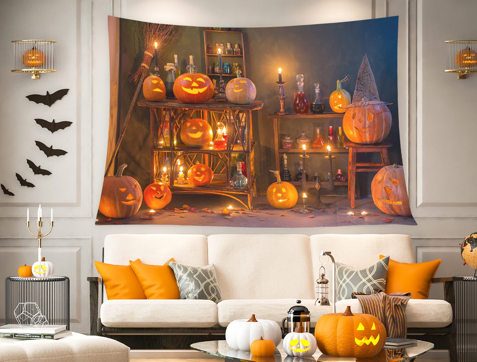 Toile de Fond Intérieur Effrayante pour Citrouilles d'Halloween M8-48