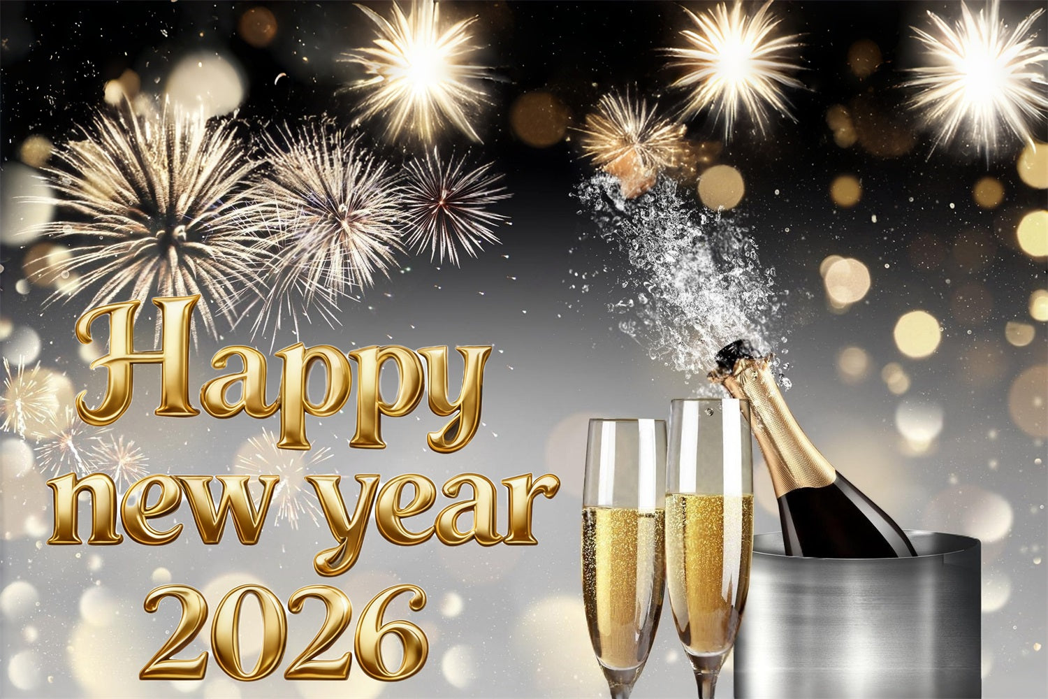 Joyeux Nouvel An 2026 Toile de fond Champagne Feux d'artifice Élégance Toile de fond pour le Nouvel An MRR10-15