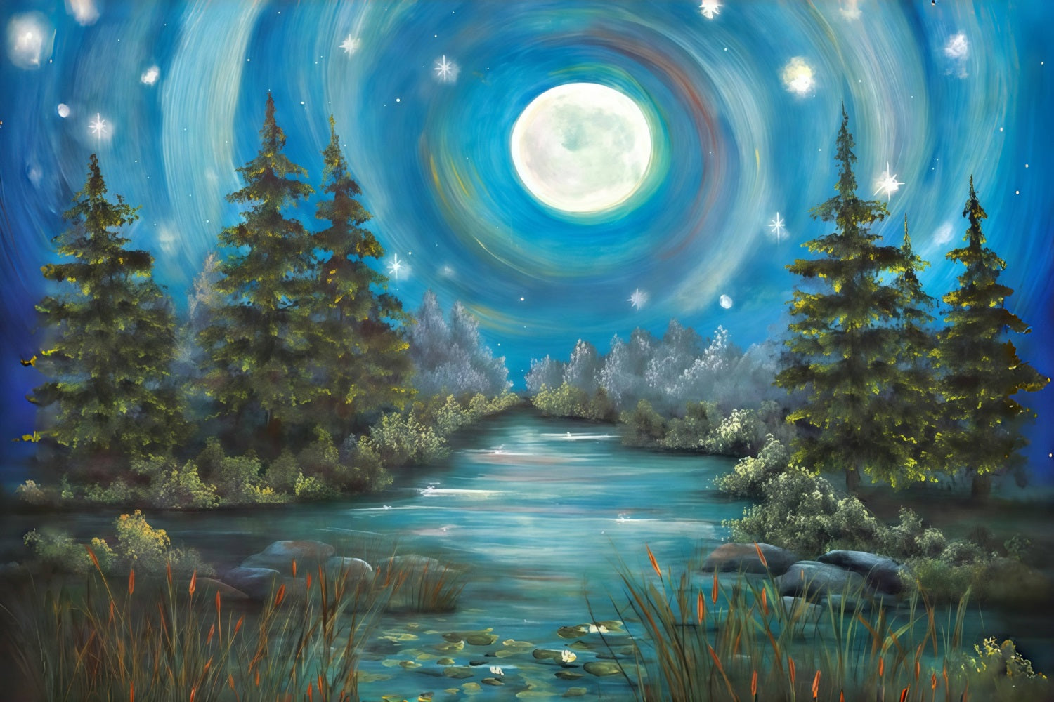 Fond forêt Fond photo pour nouveau-né Forêt au clair de lune et rivière MRR10-33