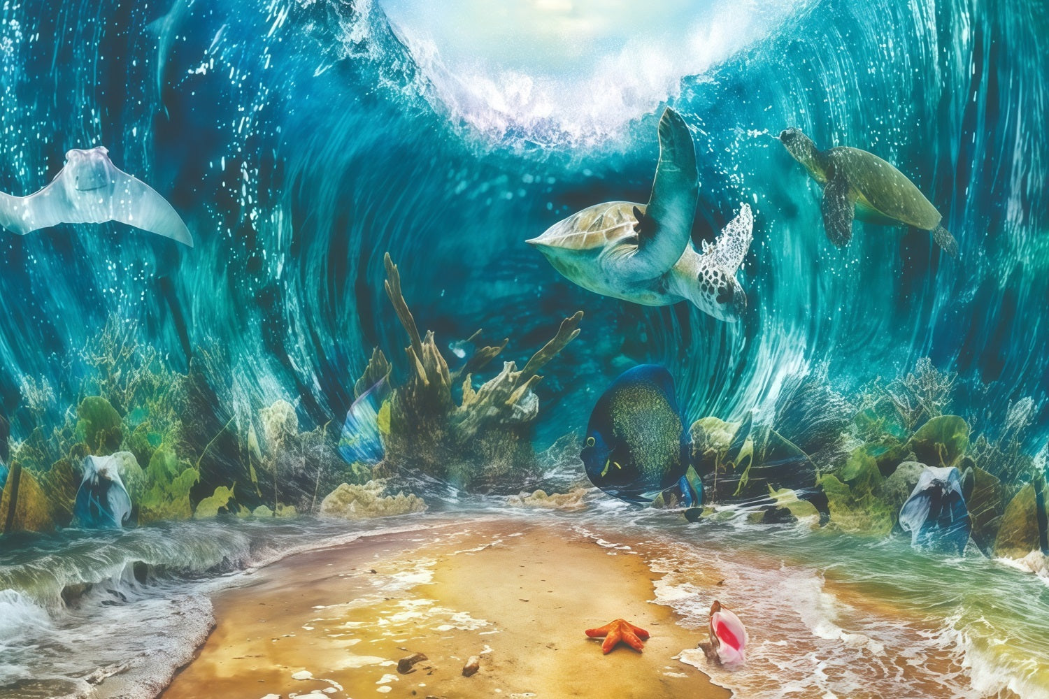 Toile de fond pour gâteaux d'anniversaire Toile de fond vie marine sous-marine tortues 1er anniversaire MRR10-37