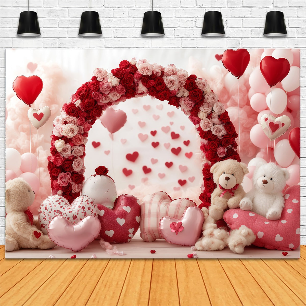 Toiles de fond pour la Saint-Valentin Arche en forme de cœur avec ours et roses Toile de fond avec ballons pour la Saint-Valentin MRR11-103