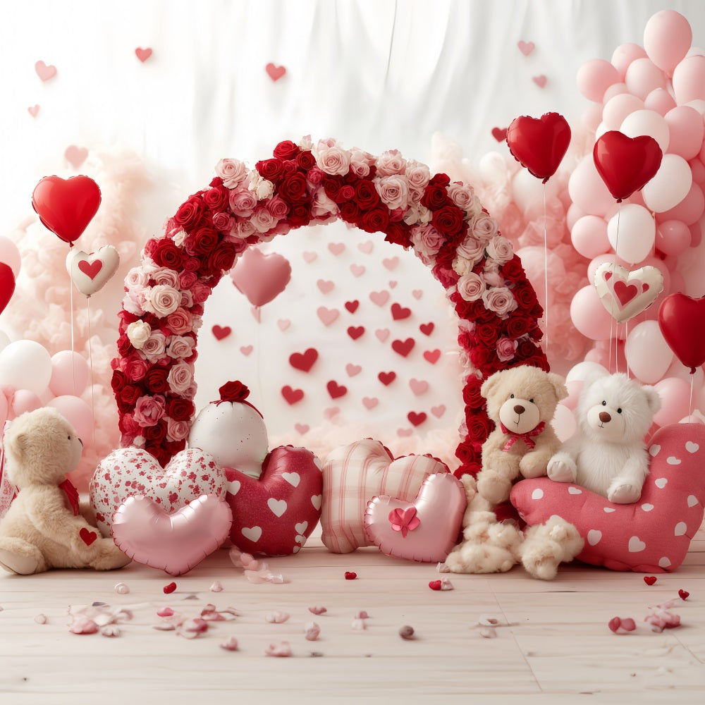 Toiles de fond pour la Saint-Valentin Arche en forme de cœur avec ours et roses Toile de fond avec ballons pour la Saint-Valentin MRR11-103