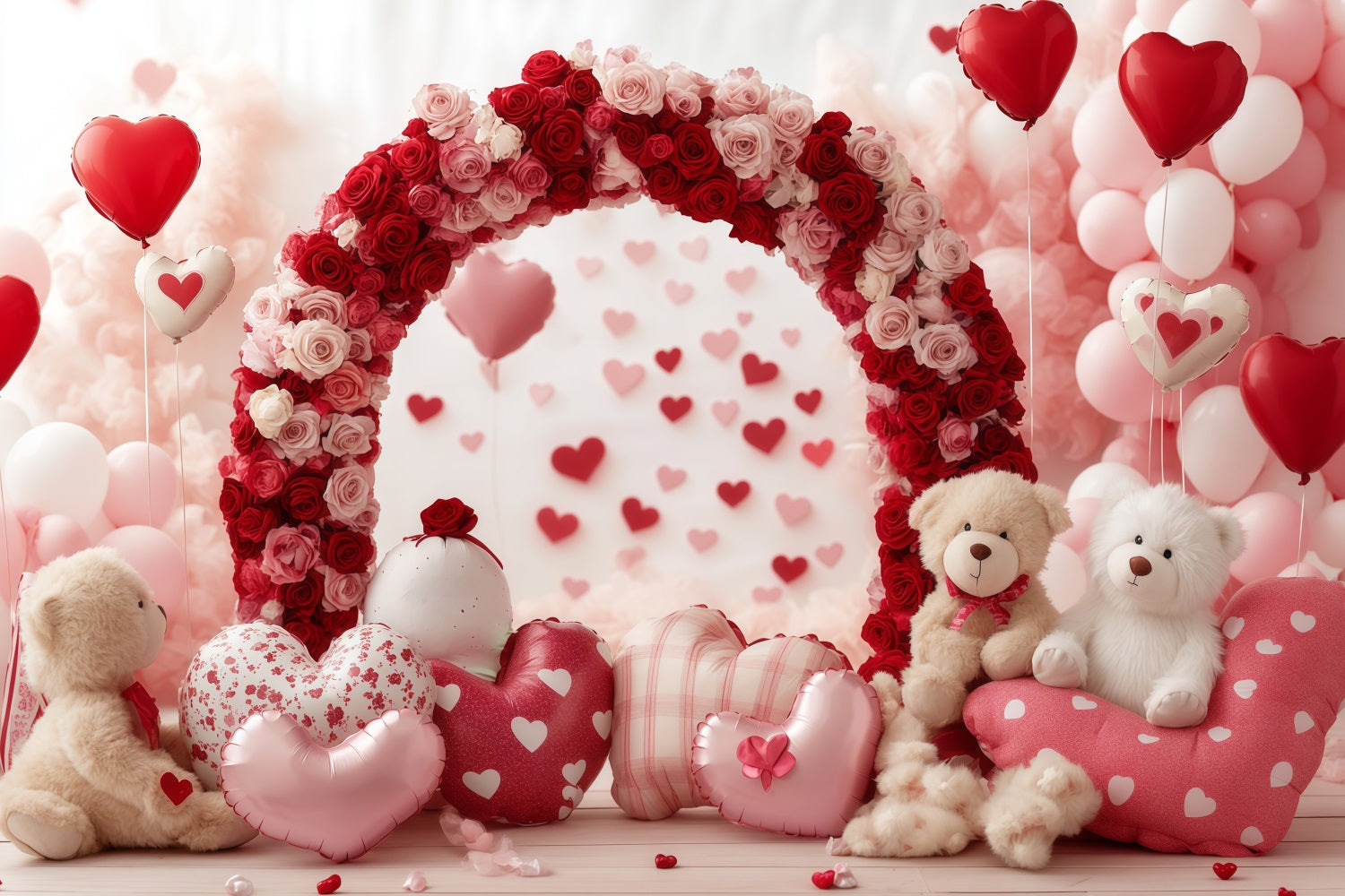 Toiles de fond pour la Saint-Valentin Arche en forme de cœur avec ours et roses Toile de fond avec ballons pour la Saint-Valentin MRR11-103
