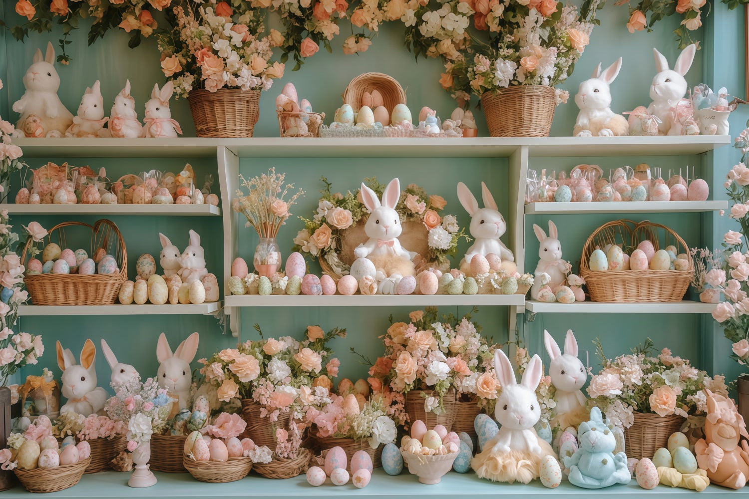 Toile de fond lapin de Pâques Composition florale sur étagère Toiles de fond de Pâques MRR11-73