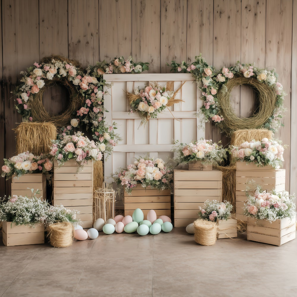 Fond avec œufs de Pâques et composition florale rustique Fonds photo de Pâques MRR11-75