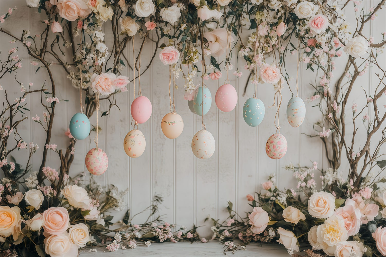 Fond avec œufs de Pâques suspendus et fleurs pastel Idées de fonds de Pâques MRR11-76