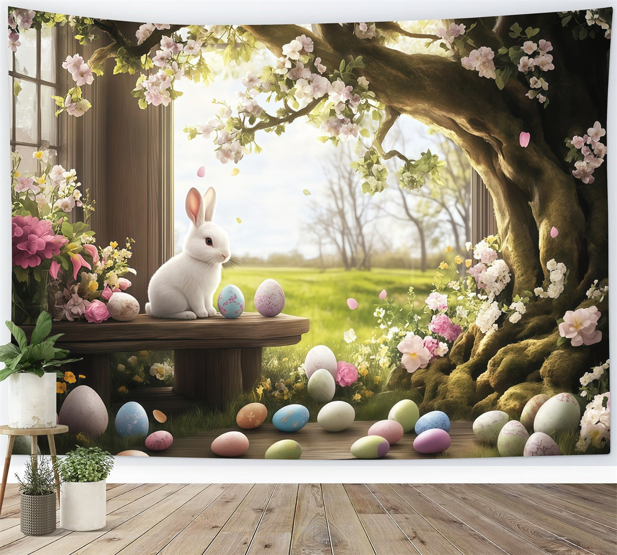 Fonds photographiques de Pâques Lapin des bois Prairie Fond œufs de Pâques MRR11-78